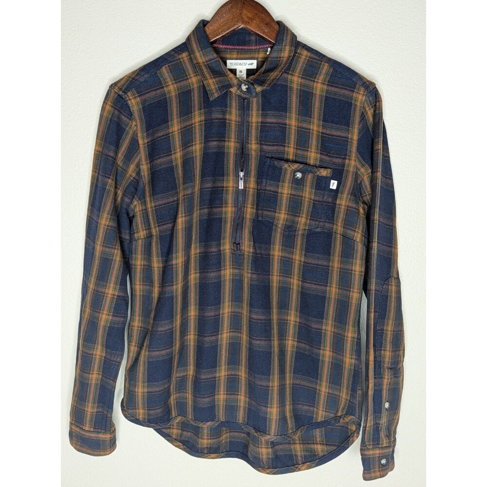 Toad&Co Women’s Small Plaid Organic Cotton Half Zip Shirt Navy Orange Outdoors